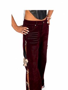 AKIRA Velvet Denim Embellished Cutout Pants – Red – NWT